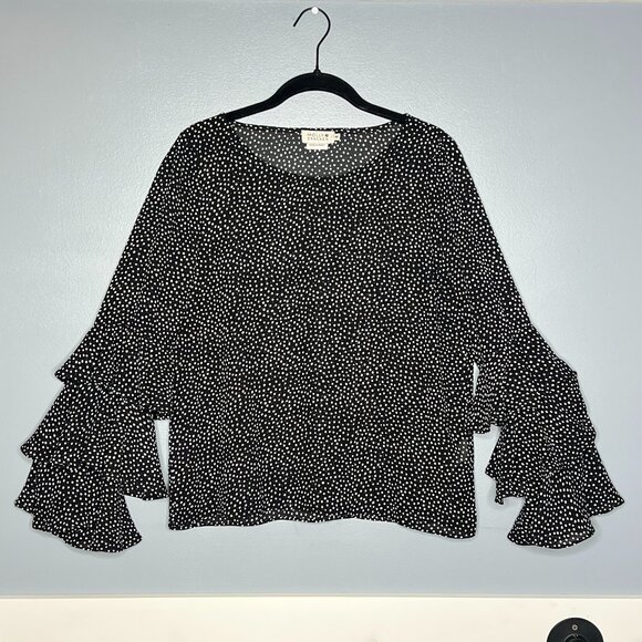 Molly Bracken Polka Dot Ruffle Sleeve Boho Chic Blouse Black White Feminine M - Picture 2 of 6